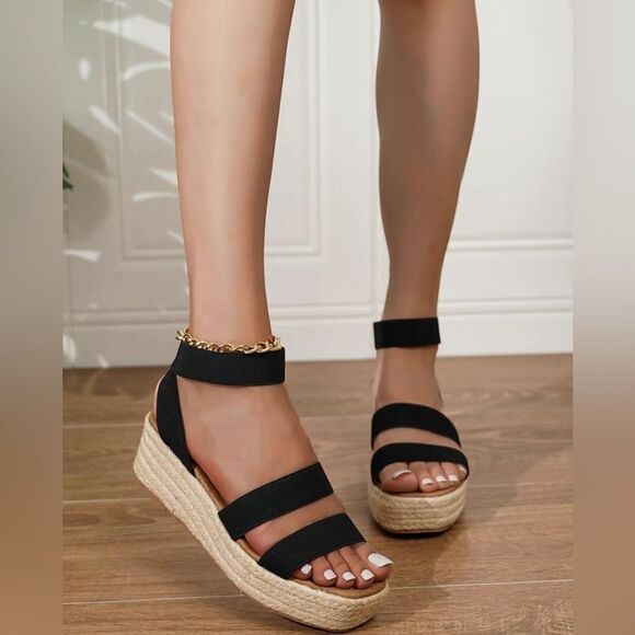 Black Wedge Espadrille Sandals - Picture 3 of 9